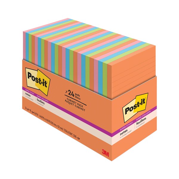 Post-It Pads in Energy Boost Collection Colors, Note Ruled, 4" x 6", 45 Sheets/Pad, PK24 7100260205 - main